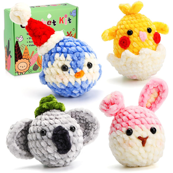 4 Pcs Crochet Kits for Beginners - Rabbit, Koala, Penguin, Chick