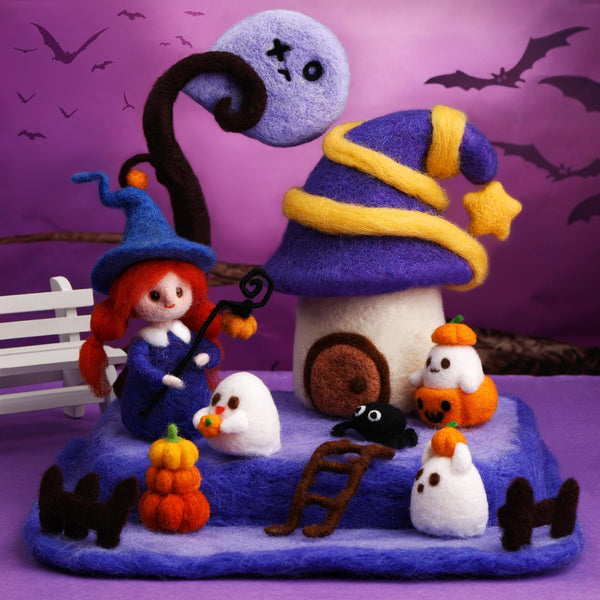 Halloween Needle Felting Starter Kit,Purple Doll Courtyard Pumpkin Wool Felting Kit for DIY Craft