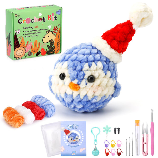 Penguin Crochet Kit for Beginners, 3 Colors Chenille Yarn