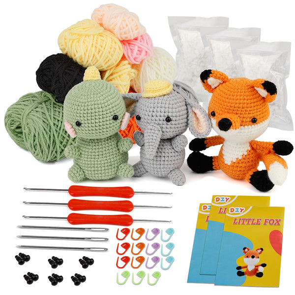 3 Pcs DIY Crochet Animal Kits for Beginners, Fox & Elephant & Dinosaur