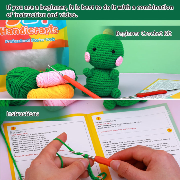 kdafio 3 Pcs DIY Crochet Animal Kit, Fox Plush Doll, Elephant Plush Doll,  Dinosauria Plush Doll,Clear Easy to Follow Instructions for Starter  Includes