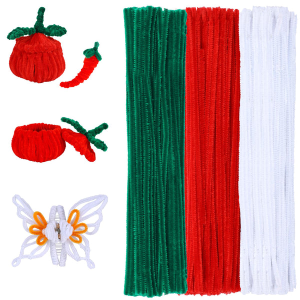 Christmas Solid Color - 120 Pieces Pipe Chenille Stems for Pipe Cleaners DIY Projects Beginner Creative Crafts(Red+Green+White)