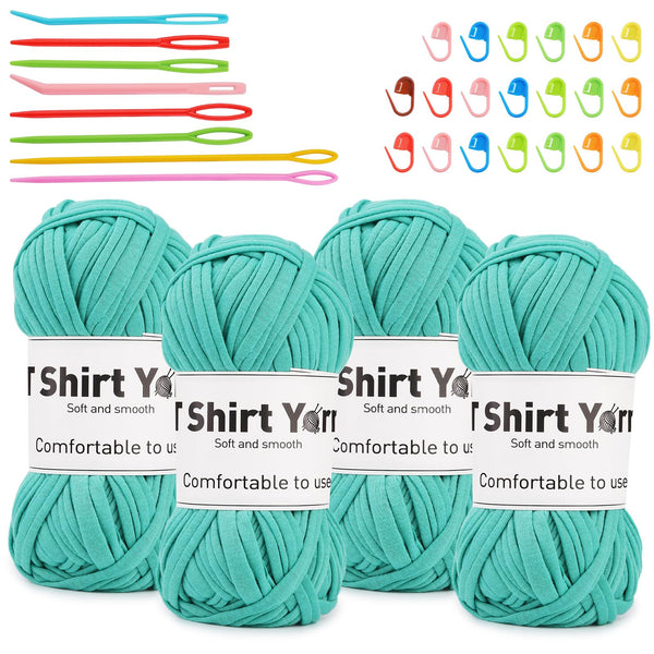 4 Pack T-Shirt Yarn Set, 3.5Oz Flat Crochet Yarn Soild Color with Knitted Plastic Eye Needles - 12 Colors